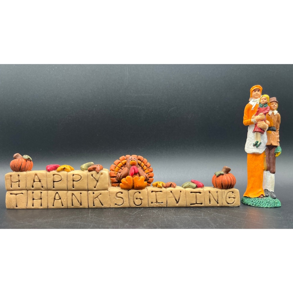 Thanksgiving Decor Set‎ Happy Thanksgiving Block Sign Pilgrim Family Figurine 4"